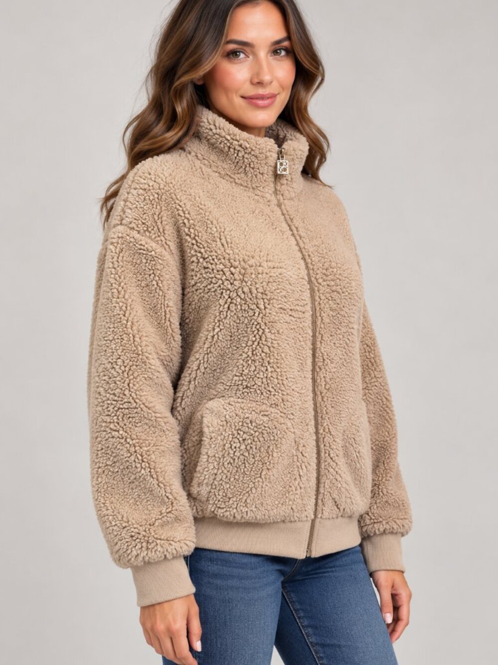 Calvin Klein L Tan Sherpa Teddy Fleece Full Zip Jacket Cozy Fall Winter